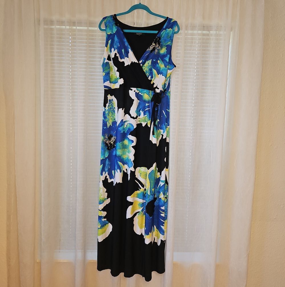 Glamour Blue, Black & White Floral Wrap Maxi Dress